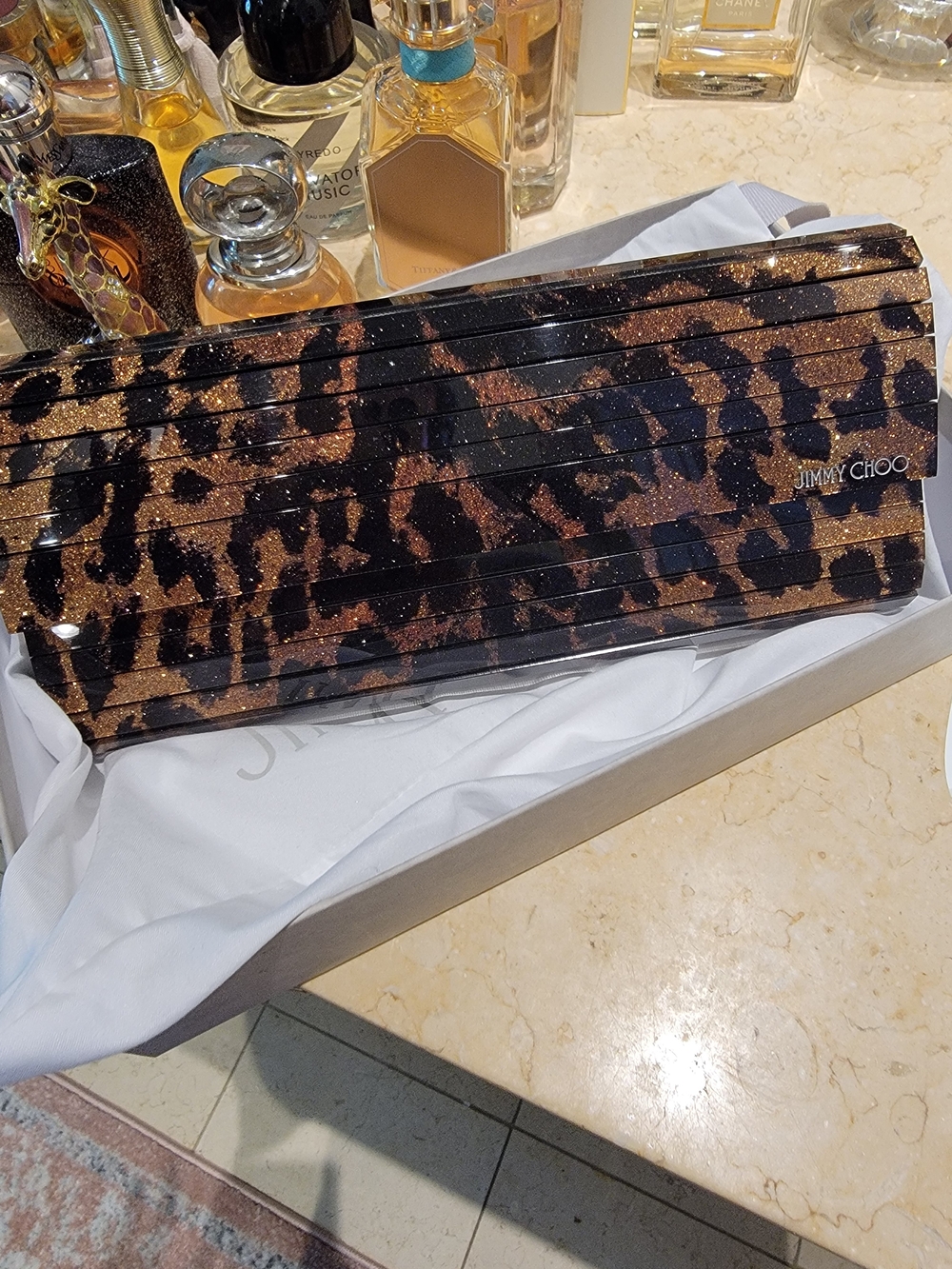 BNIB Jimmy Choo Leopard Sweetie Glitter Clutch